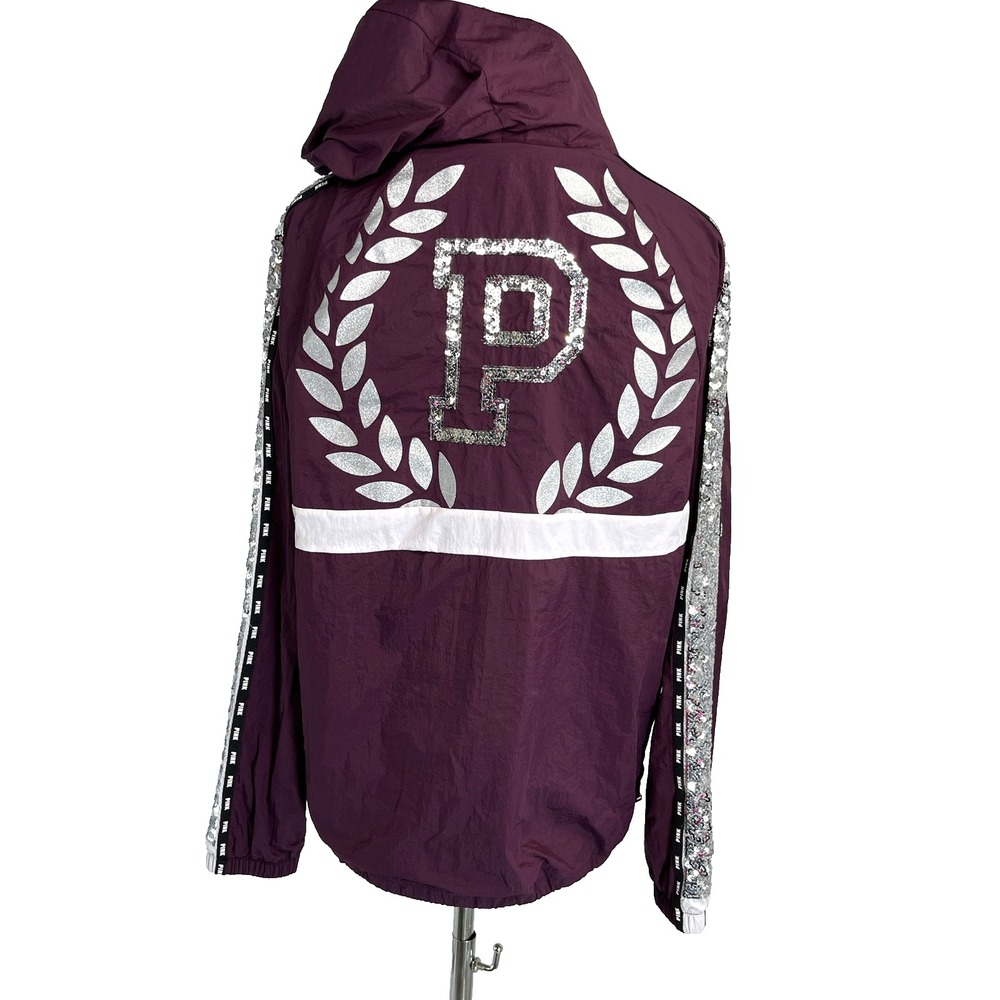 Victoria's Secret PINK Womens Hooded Jacket Windbreaker Size XS/S Maroon Sequin